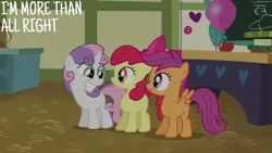 Size: 2000x1125 | Tagged: safe, derpibooru import, edit, edited screencap, editor:quoterific, screencap, apple bloom, scootaloo, sweetie belle, hearts and hooves day (episode), cutie mark crusaders, image, png