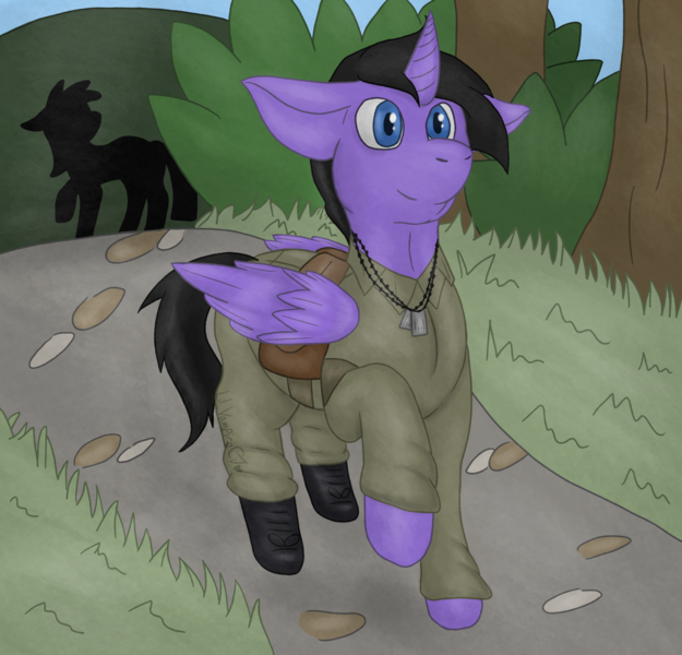 Size: 2000x1921 | Tagged: safe, artist:lil_vampirecj, derpibooru import, oc, unofficial characters only, alicorn, hybrid, pony, blue eyes, clothes, commission, digital art, equine, fictional species, fluffy, forest, hair, hooves, horn, image, krita, male, mane, military uniform, png, scene, solo, stallion, stallion oc, tail, tail fluff, tree, uniform, wings, ych result, your character here