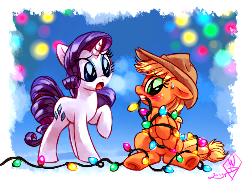Size: 1450x1100 | Tagged: safe, artist:whitediamonds, derpibooru import, applejack, rarity, earth pony, pony, unicorn, applejack's hat, blushing, bondage, christmas, christmas lights, cowboy hat, duo, duo female, embarrassed, eyebrows, eyebrows visible through hair, female, floppy ears, freckles, g4, gritted teeth, hat, holiday, horn, image, lesbian, looking at someone, mare, mouth hold, nose wrinkle, open mouth, png, raised hoof, rarijack, rarijack daily, shipping, signature, silly, silly pony, sitting, sweat, sweatdrop, tangled up, teeth, underhoof, unsexy bondage, who's a silly pony, winter, you had one job