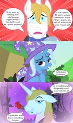 Size: 1280x2160 | Tagged: safe, derpibooru import, edit, edited screencap, screencap, prince blueblood, trixie, unicorn, the best night ever, to change a changeling, bluetrix, bowtie, cape, clothes, female, flower, flower in mouth, hat, image, male, mouth hold, panicking, png, rose, rose in mouth, shipping, speech bubble, straight, trixie's cape, trixie's hat