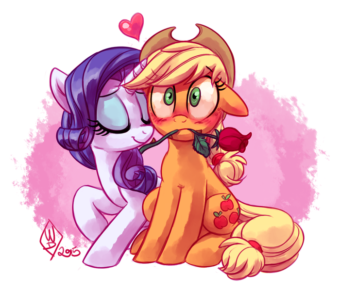 Size: 1400x1200 | Tagged: safe, artist:whitediamonds, derpibooru import, applejack, rarity, earth pony, pony, unicorn, g4, applejack's hat, blushing, cowboy hat, cute, duo, duo female, eyebrows, eyebrows visible through hair, eyes closed, female, floating heart, floppy ears, flower, freckles, hat, heart, holiday, horn, image, jackabetes, lesbian, mare, mouth hold, nuzzling, png, raised hoof, raribetes, rarijack, rarijack daily, rose, shipping, signature, sitting, smiling, valentine's day, wide eyes