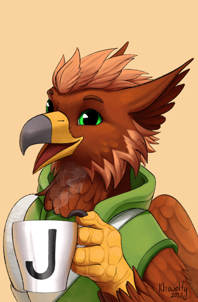 Size: 1419x2160 | Tagged: safe, artist:kleowolfy, derpibooru import, oc, oc:pavlos, unofficial characters only, gryphon, bandage, broken bone, broken wing, bust, cast, chest fluff, claws, clothes, coffee mug, colored wings, eared griffon, folded wings, griffon oc, hoodie, image, injured, mug, png, simple background, sling, solo, wings