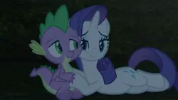 Size: 1333x750 | Tagged: safe, artist:georgegarza01, derpibooru import, screencap, rarity, spike, dragon, unicorn, cheek to cheek, female, holding hands, holding hooves, image, jpeg, looking at each other, looking at someone, lying down, male, night, shipping, show accurate, smiling, smiling at each other, sparity, straight, winged spike, wings, youtube link