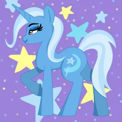 Size: 800x800 | Tagged: safe, artist:kujivunia, derpibooru import, edit, editor:kujivunia, trixie, pony, unicorn, abstract background, big eyelashes, big lips, colored, female, flat colors, image, lidded eyes, mare, png, simple shading, solo, stars