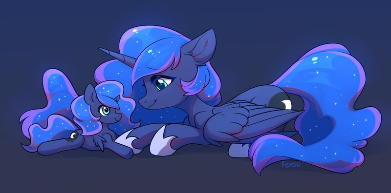 Size: 2000x990 | Tagged: safe, artist:fensu-san, derpibooru import, princess luna, alicorn, original species, plush pony, pony, blue background, closed mouth, duality, eyes open, female, folded wings, gradient background, hoof shoes, horn, image, jpeg, looking at each other, mare, plushie, signature, simple background, solo, spread wings, wings