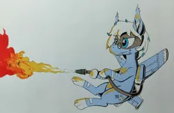 Size: 2595x1683 | Tagged: safe, artist:darkhestur, derpibooru import, oc, oc:azure interdictor, unofficial characters only, mosquito, original species, plane pony, pony, fire, flame thrower, flying, glasses, hybrid oc, image, marker drawing, paws, plane, png, simple background, traditional art, wings