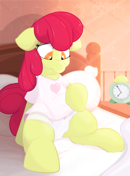 Size: 1592x2160 | Tagged: questionable, alternate version, artist:not_texmex, derpibooru import, apple bloom, earth pony, pony, alarm clock, bed, bed mane, bedroom, cameltoe, clock, clothes, derpibooru exclusive, female, filly, foal, foalcon, image, innocent, looking down, messy mane, on bed, panties, pillow, png, shirt, sitting on bed, solo, solo female, spread legs, spreading, underage, underwear, white panties