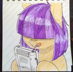 Size: 1869x1836 | Tagged: safe, artist:lockheart, derpibooru import, oc, oc:dot matrix, earth pony, pony, cute, eyebrows, game boy, image, jpeg, photo, sketchbook, solo, tongue out, traditional art