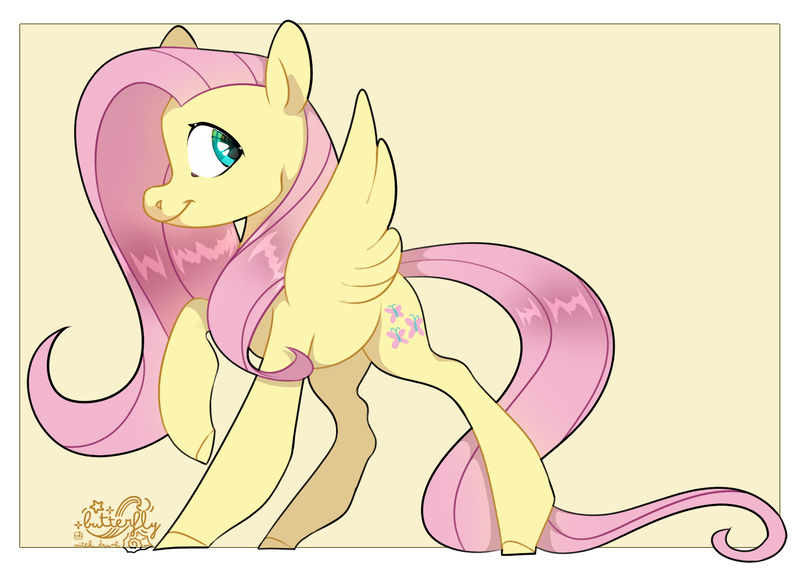 Size: 1707x1215 | Tagged: safe, artist:truust5117, derpibooru import, fluttershy, pegasus, pony, cute, female, image, looking back, mare, png, profile, raised hoof, shyabetes, signature, simple background, smiling, solo, yellow background