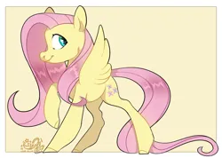 Size: 1707x1215 | Tagged: safe, artist:truust5117, derpibooru import, fluttershy, pegasus, pony, cute, female, image, looking back, mare, png, profile, raised hoof, shyabetes, signature, simple background, smiling, solo, yellow background