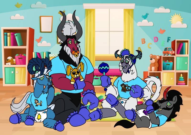 Size: 1414x1000 | Tagged: safe, artist:zetikoopa, derpibooru import, grogar, king sombra, lord tirek, storm king, centaur, goat, pony, sheep, storm creature, taur, umbrum, unicorn, my little pony: the movie, diaper, hypnosis, hypnotized, image, male, mental regression, pacifier, png, ram, rattle, regression, stallion