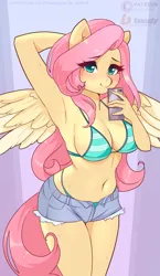 Size: 1812x3120 | Tagged: suggestive, artist:xjenn9, derpibooru import, fluttershy, anthro, arm behind head, belly button, bikini, clothes, commission, daisy dukes, image, panties, png, selfie, shorts, solo, swimsuit, thong, underwear, ych example, your character here