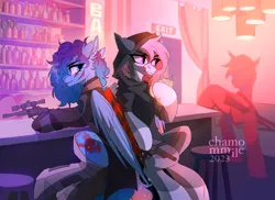 Size: 4000x2904 | Tagged: safe, artist:chamommile, derpibooru import, oc, unofficial characters only, original species, pegasus, pony, ammunition, clothes, commission, duo, duo female, female, full body, gun, image, looking at each other, looking at someone, pegasus oc, png, smiling, smiling at each other, uniform, weapon, wings