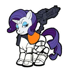 Size: 682x800 | Tagged: safe, artist:anymouse-68, derpibooru import, rarity, pony, unicorn, armor, blaster, crossover, female, image, jpeg, lidded eyes, mare, sand trooper, simple background, smiling, solo, star wars, stormtrooper, white background
