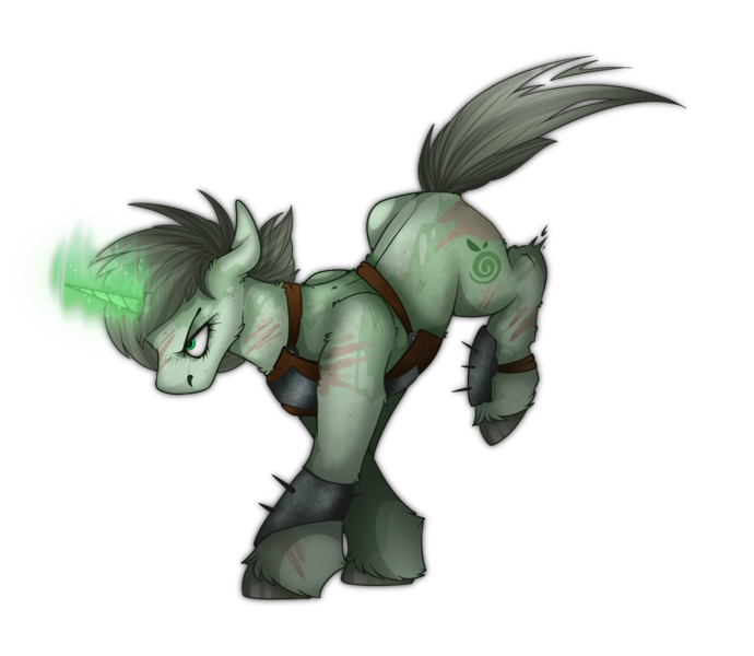 Size: 2300x2000 | Tagged: safe, artist:molars, derpibooru import, oc, unofficial characters only, unicorn, fallout equestria, ashes town, image, magic, png, raider, running, scar, solo, spikes, telekinesis, transparrent background