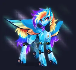 Size: 2000x1842 | Tagged: safe, artist:buvanybu, derpibooru import, rainbow dash, pegasus, pony, robot, robot pony, black background, colored wings, cute, digital art, ethereal mane, feather, female, glow, glowing mane, glowing tail, high res, hybrid wings, image, looking at you, mare, multicolored wings, pink eyes, png, rainbot dash, raised hoof, roboticization, signature, simple background, smiling, smiling at you, solo, sparkles, spread wings, starry mane, starry tail, tail, wings