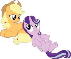 Size: 2023x1681 | Tagged: source needed, safe, artist:prixy05, derpibooru import, applejack, starlight glimmer, earth pony, pony, unicorn, duo, duo female, female, g4, glimmerjack, image, lesbian, lying down, png, shipping, simple background, transparent background, vector