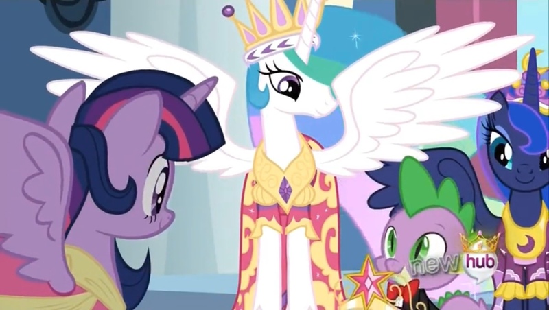 Size: 2160x1221 | Tagged: safe, derpibooru import, screencap, princess celestia, princess luna, spike, twilight sparkle, twilight sparkle (alicorn), alicorn, dragon, pony, magical mystery cure, bowtie, clothes, coronation, coronation dress, crown, cushion, dress, formal wear, gown, happy, image, jewelry, jpeg, looking down, regalia, royalty, ruffled shirt, smiling, solo, spike's first bow tie, suit, tailcoat, tuxedo