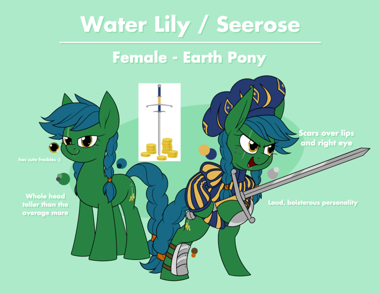 Size: 3315x2555 | Tagged: safe, artist:moonatik, derpibooru import, oc, oc:water lily, earth pony, pony, armor, braid, cutie mark, earth pony oc, female, freckles, hat, image, mare, png, reference sheet, scar, solo, sword, weapon