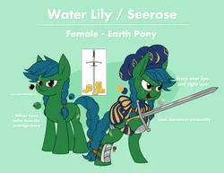 Size: 3315x2555 | Tagged: safe, artist:moonatik, derpibooru import, oc, oc:water lily, earth pony, pony, armor, braid, cutie mark, earth pony oc, female, freckles, hat, image, mare, png, reference sheet, scar, solo, sword, weapon