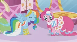 Size: 2160x1192 | Tagged: safe, derpibooru import, screencap, pinkie pie, rainbow dash, earth pony, pegasus, pony, suited for success, alternate hairstyle, beautiful, carousel boutique, clothes, cute, dress, eyes closed, female, formal wear, gala dress, gown, happy, image, jpeg, looking down, mare, mirror