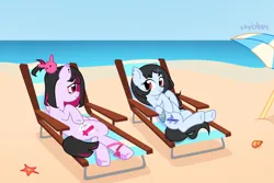 Size: 3000x2000 | Tagged: safe, artist:unichan, derpibooru import, oc, oc:anime-chan, oc:hera-chan, unofficial characters only, earth pony, pegasus, pony, starfish, beach, beach chair, beach umbrella, chair, commission, duo, ear piercing, earring, eyeshadow, female, hairclip, image, jewelry, makeup, mare, ocean, piercing, png, sand, seashell, umbrella, water, ych result