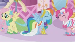 Size: 2160x1198 | Tagged: safe, derpibooru import, screencap, fluttershy, pinkie pie, rainbow dash, earth pony, pegasus, pony, suited for success, alternate hairstyle, beautiful, carousel boutique, clothes, cute, dress, eyes closed, formal wear, gala dress, gown, happy, image, jpeg, mirror, smiling