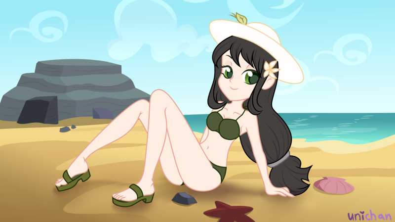 Size: 3832x2152 | Tagged: safe, artist:unichan, derpibooru import, oc, oc:sawa (ice1517), unofficial characters only, starfish, equestria girls, beach, belly button, bikini, bikini bottom, bikini top, clothes, commission, equestria girls-ified, feet, female, flower, flower in hair, hat, image, ocean, png, rock, sand, sandals, seashell, sitting, solo, sun hat, swimsuit, water, ych result