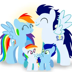 Size: 1400x1400 | Tagged: safe, artist:mlplary6, derpibooru import, rainbow dash, soarin', oc, oc:blue skies, oc:speedy dash, pegasus, pony, colt, eyes closed, family, female, filly, foal, husband and wife, image, looking at each other, looking at someone, male, mare, offspring, parent:rainbow dash, parent:soarin', parents:soarindash, png, shipping, siblings, smiling, smiling at each other, soarindash, stallion, straight, twins