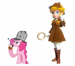 Size: 1440x1280 | Tagged: artist needed, safe, derpibooru import, pinkie pie, earth pony, human, pony, blue eyes, boots, clothes, crossover, deerstalker, detective, detective peach, dress, ear piercing, earring, female, gloves, hat, image, jewelry, jpeg, leggings, magnifying glass, nintendo, nintendo direct, piercing, pipe, princess peach, princess peach showtime, sherlock holmes, sherlock pie, shoes, simple background, spoilers for another series, super mario bros.