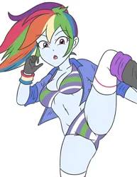 Size: 1080x1400 | Tagged: suggestive, artist:sumin6301, derpibooru import, rainbow dash, human, equestria girls, belly button, boots, bra, breasts, busty rainbow dash, cleavage, clothes, eyebrows, eyebrows visible through hair, female, image, jacket, jpeg, kicking, looking at you, open mouth, panties, ponytail, shoes, simple background, socks, solo, solo female, spread legs, spreading, standing, standing on one leg, striped bra, striped panties, striped underwear, stupid sexy rainbow dash, underwear, white background, white socks