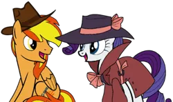 Size: 714x422 | Tagged: safe, derpibooru import, rarity, oc, pegasus, pony, unicorn, clothes, detective, detective rarity, fedora, female, hat, image, male, png, simple background, transparent background, trenchcoat