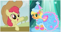 Size: 2500x1323 | Tagged: safe, derpibooru import, apple bloom, applejack, earth pony, pony, adorabloom, applejack also dresses in style, applejack's hat, beautiful, bow, clothes, cowboy hat, cute, dress, ear piercing, flower, flower in hair, froufrou glittery lacy outfit, happy, hat, hennin, image, jewelry, jpeg, necklace, piercing, pretty, princess, princess applejack, smiling