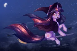 Size: 5760x3800 | Tagged: safe, artist:jsunlight, derpibooru import, twilight sparkle, bat, pony, unicorn, broom, crescent moon, female, flying, flying broomstick, hat, image, looking at you, mare, moon, open mouth, open smile, png, signature, smiling, smiling at you, solo, unicorn twilight, wind, windswept mane, witch hat