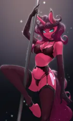 Size: 1234x2048 | Tagged: source needed, suggestive, artist:u_lu_lu, derpibooru import, oc, unofficial characters only, anthro, bikini, bra, clothes, female, gloves, image, jpeg, long gloves, looking at you, stripper pole, swimsuit, underwear