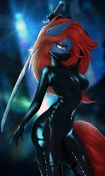 Size: 1220x2048 | Tagged: source needed, suggestive, artist:u_lu_lu, derpibooru import, oc, unofficial characters only, anthro, clothes, female, gloves, image, jpeg, katana, latex, latex suit, looking at you, sword, weapon