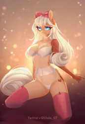 Size: 1410x2048 | Tagged: source needed, suggestive, artist:u_lu_lu, derpibooru import, oc, unofficial characters only, anthro, bikini, bra, clothes, female, image, jpeg, lingerie, looking at you, socks, swimsuit, underwear