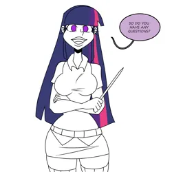 Size: 1500x1500 | Tagged: safe, artist:chillguydraws, derpibooru import, twilight sparkle, human, breasts, busty twilight sparkle, crossed arms, dialogue, humanized, image, looking at you, partial color, png, pointer, simple background, solo, speech bubble, talking to viewer, white background