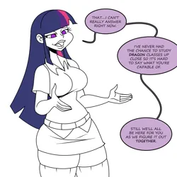 Size: 1500x1500 | Tagged: safe, artist:chillguydraws, derpibooru import, twilight sparkle, human, breasts, busty twilight sparkle, dialogue, female, humanized, image, png, simple background, solo, speech bubble, white background