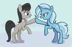 Size: 461x298 | Tagged: safe, alternate version, artist:plunger, artist:toffosart, derpibooru import, octavia melody, trixie, earth pony, pony, unicorn, bipedal, blue background, duo, female, hoofbump, image, mare, open mouth, open smile, png, shadow, simple background, smiling