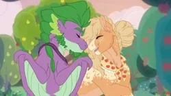 Size: 800x447 | Tagged: safe, artist:fidgetcubepony, derpibooru import, applejack, spike, dragon, earth pony, pony, adult, adult spike, applespike, clothes, female, granny smith's shawl, image, jpeg, male, mare, nuzzling, older, older spike, scarf, screencap background, shipping, straight, winged spike, wings