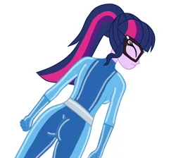 Size: 1656x1482 | Tagged: suggestive, artist:gmaplay, derpibooru import, sci-twi, twilight sparkle, human, equestria girls, ass, base used, breasts, busty sci-twi, butt, catsuit, image, latex, png, simple background, solo, totally spies, unconscious, white background