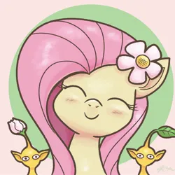 Size: 2048x2048 | Tagged: safe, artist:catscratchpaper, derpibooru import, fluttershy, pegasus, pikmin, pony, blushing, bust, cute, eyes closed, female, flower, flower in hair, image, jpeg, looking at you, mare, one of these things is not like the others, pikmin (series), shyabetes, smiling, smiling at you, yellow pikmin