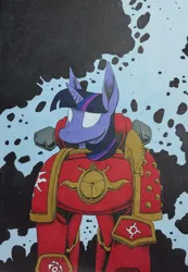 Size: 1836x2653 | Tagged: safe, artist:darkhestur, derpibooru import, twilight sparkle, unicorn, abstract background, armor, chaos space marine, crossover, image, jpeg, marker drawing, pony only, power armor, space marine, thousand sons, traditional art, unicorn twilight, warhammer (game), warhammer 40k, white eyes