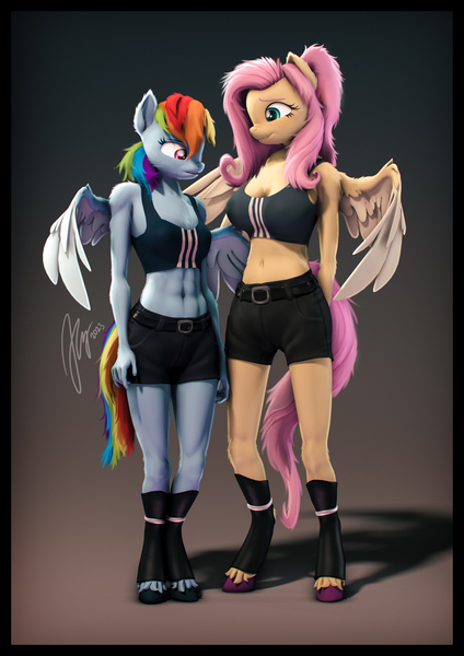 Size: 4000x5656 | Tagged: safe, artist:imafutureguitarhero, derpibooru import, fluttershy, rainbow dash, anthro, pegasus, pony, unguligrade anthro, abs, adidas, arm fluff, belly button, belt, boots, border, bra, breast envy, breast size difference, breasts, cheek fluff, chest fluff, chin fluff, chromatic aberration, cleavage, cleavage fluff, clothes, colored eyebrows, colored eyelashes, colored wings, crop top bra, cute, cute little fangs, delicious flat chest, duo, ear fluff, ear freckles, elbow fluff, fangs, female, film grain, fluffy, fluffy hair, fluffy mane, fluffy tail, freckles, freckleshy, fur, hands behind back, height difference, hoof fluff, image, jpeg, leather, leather boots, leg fluff, leg freckles, long hair, long mane, long tail, mare, medium support, meme, midriff, multicolored hair, multicolored mane, multicolored tail, neck fluff, nose wrinkle, open mouth, pants, partially open wings, ponytail, rainbow flat, revamped anthros, revamped ponies, shadow, shoes, shorts, shoulder fluff, shoulder freckles, shyabetes, signature, smiling, sports bra, tail, two toned wings, underwear, unshorn fetlocks, vertical, wall of tags, wing fluff, wings