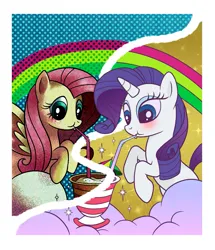 Size: 1271x1476 | Tagged: safe, artist:fofurastro, artist:marhafka, derpibooru import, fluttershy, rainbow dash, pegasus, pony, unicorn, blushing, collaboration, drink, drinking, drinking straw, duo, female, image, mare, png, rainbow