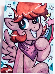 Size: 2508x3346 | Tagged: safe, artist:marybellamy, derpibooru import, oc, oc:markey malarkey, ponified, unofficial characters only, pegasus, pony, bandana, blue background, commission, crossover, cutie mark, grin, image, jpeg, looking at you, male, polka dot background, raised hoof, simple background, smiling, solo, spread wings, stars, traditional art, wings