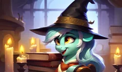 Size: 1080x640 | Tagged: safe, derpibooru import, machine learning generated, lyra heartstrings, ai content, book, candle, clothes, generator:pony diffusion v5, happy, harry potter (series), hat, hogwarts, image, indoors, moonlight, night, png, prompter:lateempire, robes, wizard hat