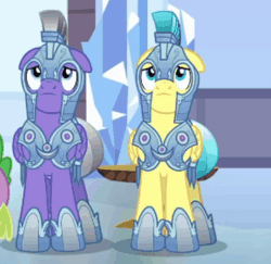 Size: 447x435 | Tagged: safe, derpibooru import, screencap, amethyst stone, spike, crystal pony, pony, the times they are a changeling, animated, armor, cropped, crystal guard, crystal guard armor, duo focus, gif, image, male, nope, stallion