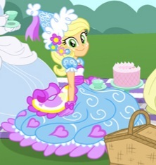 Size: 222x235 | Tagged: safe, artist:sapphiregamgee, derpibooru import, applejack, human, equestria girls, basket, bow, cake, clothes, dress, ear piercing, flower, flower in hair, food, froufrou glittery lacy outfit, gloves, hat, hennin, image, jpeg, picnic, picnic basket, picnic blanket, piercing, princess, princess applejack